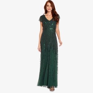 Adrianna Papell Beaded V-neck Gown, Dusty Emerald